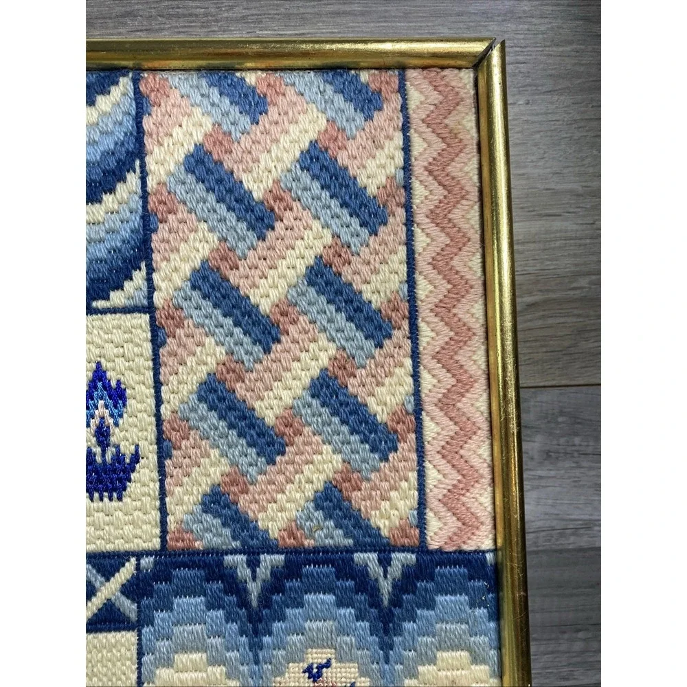 VTG Cross Stitch, 14x15 Art Deco Textile Tapestry‎ Blue Pink Off-White Letter B